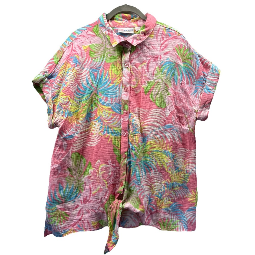 Belle Beach Kim Gravel Women's Top Size Large Colorful Tropical Short Sleeve Tie